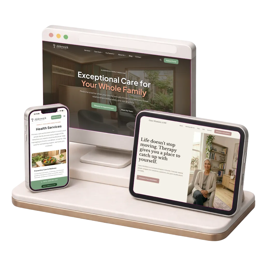 Portfolio site examples on desktop, tablet, and phone mockups